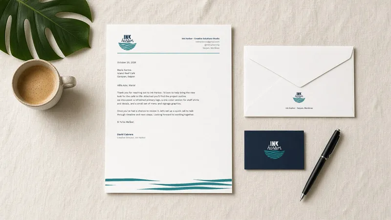 Ink Harbor letterhead, envelope and business card with the wave-band footer