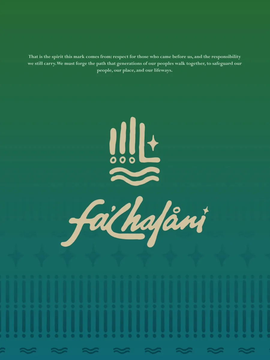 Fa’chalåni brand mark and hand-lettered wordmark in sand on a green-to-teal gradient, above a band of latte-stone pattern