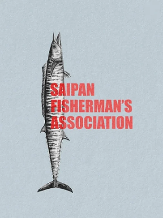 Saipan Fisherman’s Association logo: an engraved fish with the name in bold red type