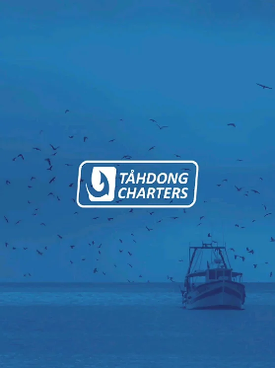 Tåhdong Charters logo on a deep-blue photo of a fishing boat and seabirds
